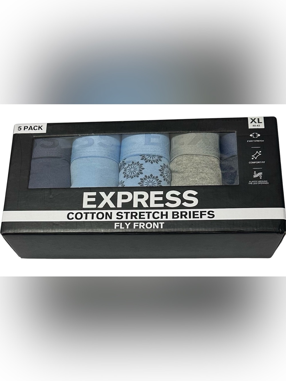Express 5 Men's Cotton Stretch Fly Front Briefs X-Large (40-42) Blue/Gray